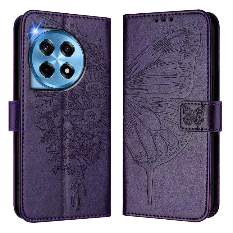 For OnePlus 12R 5G Global Embossed Butterfly Leather Phone Case(Dark Purple)