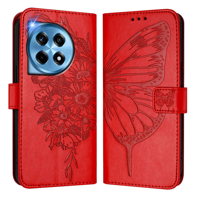 For OnePlus 12R 5G Global Embossed Butterfly Leather Phone Case(Red)