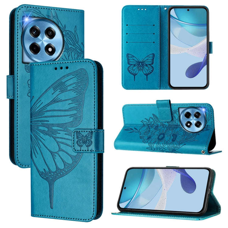 For OnePlus 12R 5G Global Embossed Butterfly Leather Phone Case(Blue)