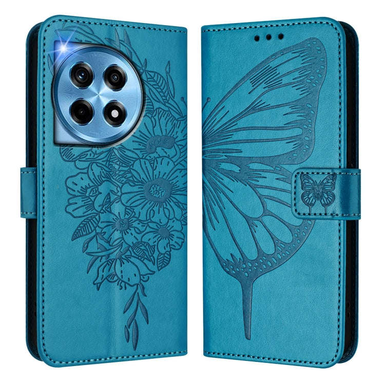 For OnePlus 12R 5G Global Embossed Butterfly Leather Phone Case(Blue)