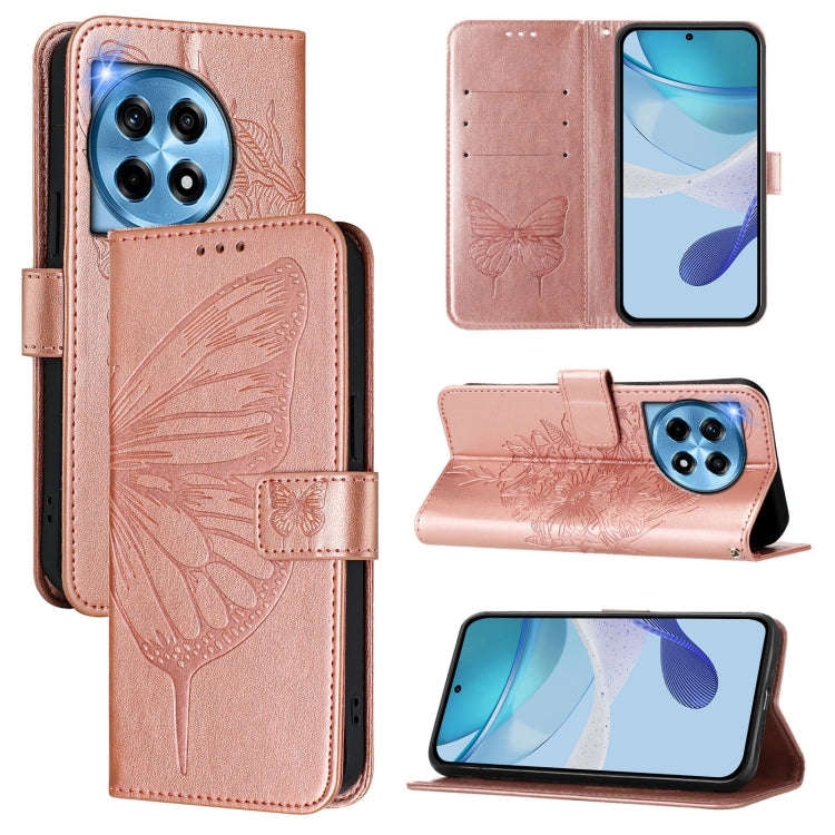 For OnePlus 12R 5G Global Embossed Butterfly Leather Phone Case(Rose Gold)