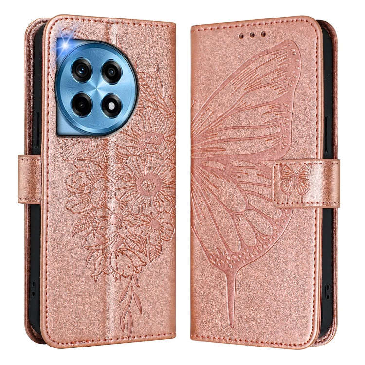For OnePlus 12R 5G Global Embossed Butterfly Leather Phone Case(Rose Gold)