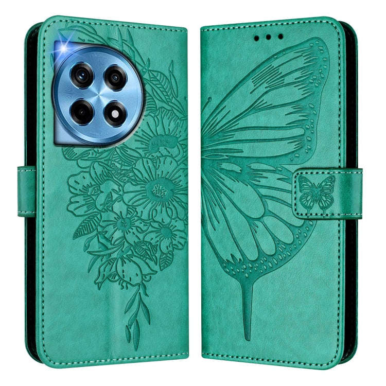 For OnePlus 12R 5G Global Embossed Butterfly Leather Phone Case(Green)