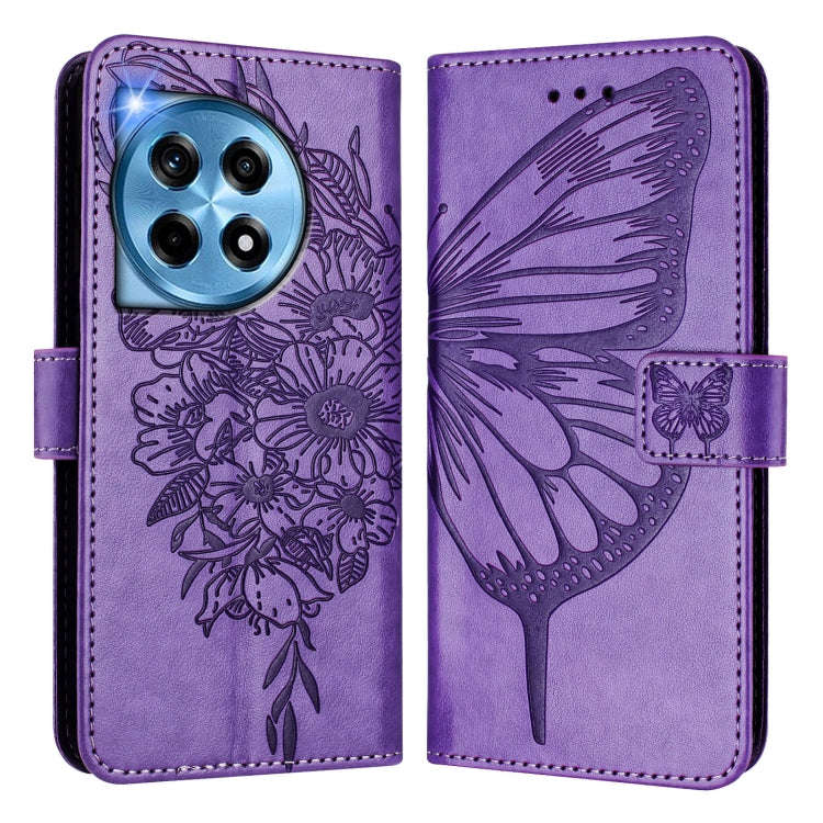For OnePlus 12R 5G Global Embossed Butterfly Leather Phone Case(Light Purple)