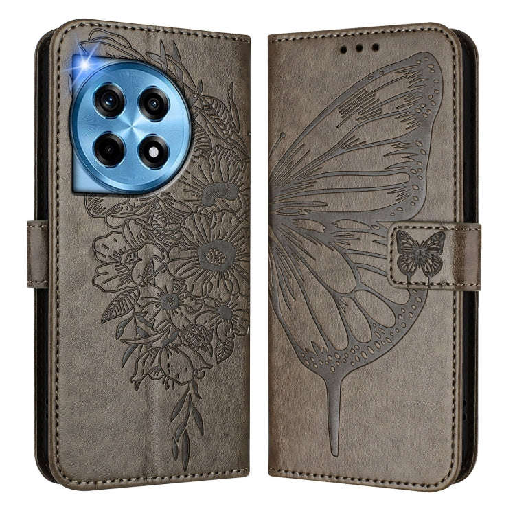 For OnePlus 12R 5G Global Embossed Butterfly Leather Phone Case(Grey)