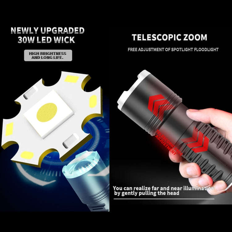 S2302 30W 1600LM High Power Telescopic Zoom Flashlight(Black)