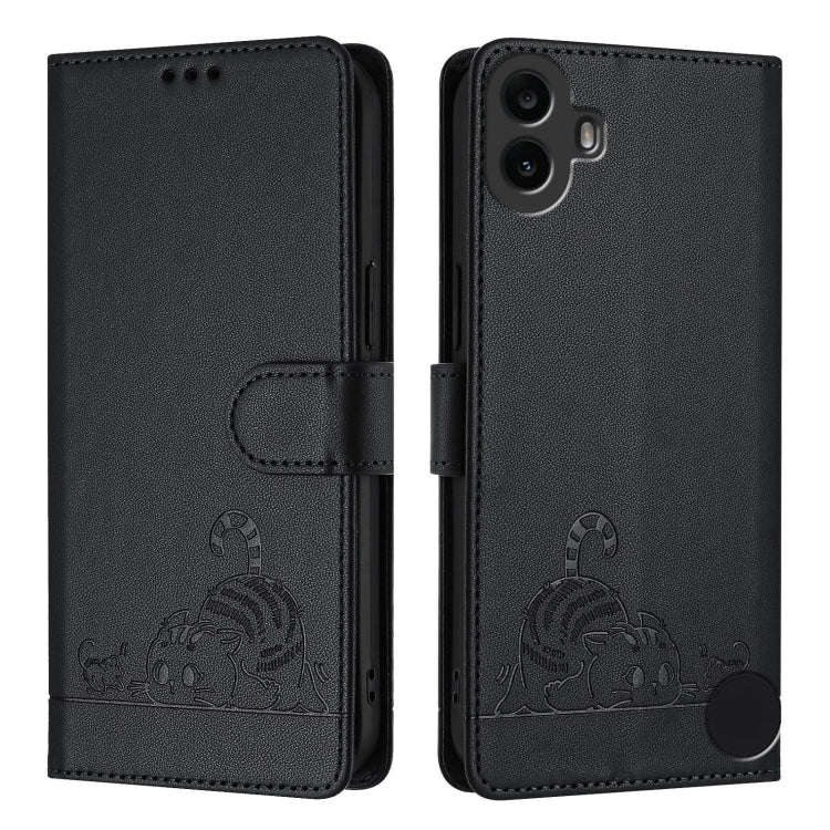 For Nothing CMF Phone 1 Cat Rat Embossed Pattern RFID Leather Phone Case with Lanyard(Black)