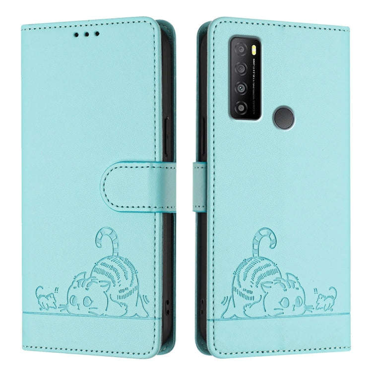 For TCL 30 XL T701DL Cat Rat Embossed Pattern RFID Leather Phone Case with Lanyard(Mint Green)