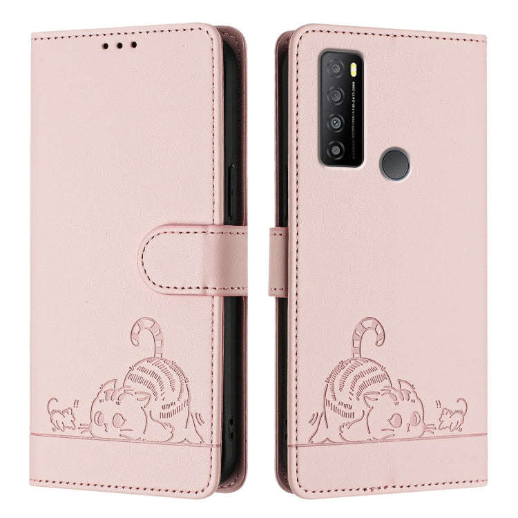 For TCL 30 XL T701DL Cat Rat Embossed Pattern RFID Leather Phone Case with Lanyard(Pink)