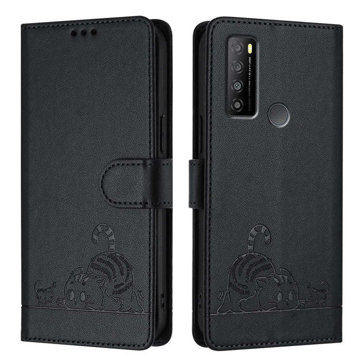 For TCL 30 XL T701DL Cat Rat Embossed Pattern RFID Leather Phone Case with Lanyard(Black)