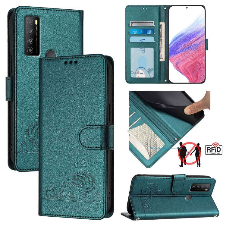 For TCL 30 XL T701DL Cat Rat Embossed Pattern RFID Leather Phone Case with Lanyard(Peacock Green)