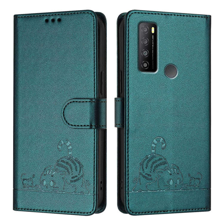 For TCL 30 XL T701DL Cat Rat Embossed Pattern RFID Leather Phone Case with Lanyard(Peacock Green)