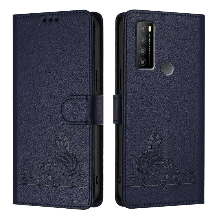 For TCL 30 XL T701DL Cat Rat Embossed Pattern RFID Leather Phone Case with Lanyard(Blue)