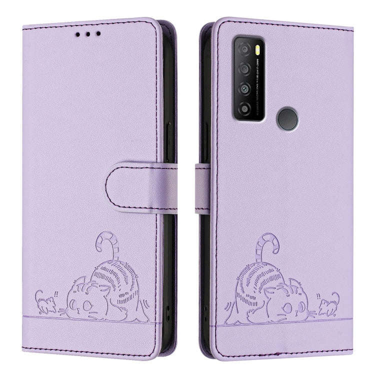 For TCL 30 XL T701DL Cat Rat Embossed Pattern RFID Leather Phone Case with Lanyard(Purple)