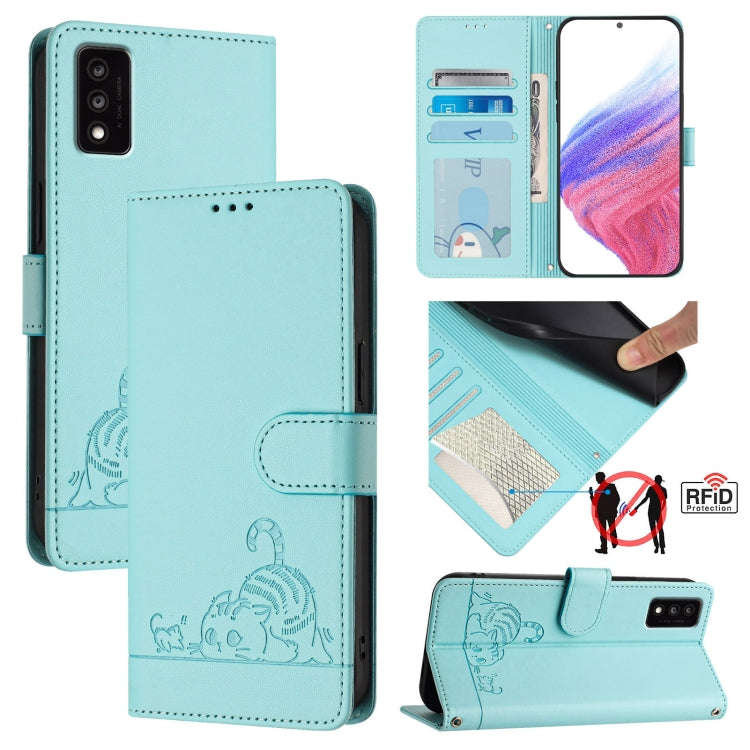 For TCL 30T T603DL Cat Rat Embossed Pattern RFID Leather Phone Case with Lanyard(Mint Green)