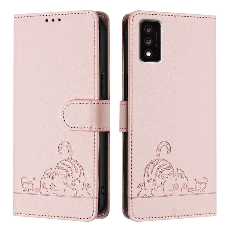 For TCL 30T T603DL Cat Rat Embossed Pattern RFID Leather Phone Case with Lanyard(Pink)