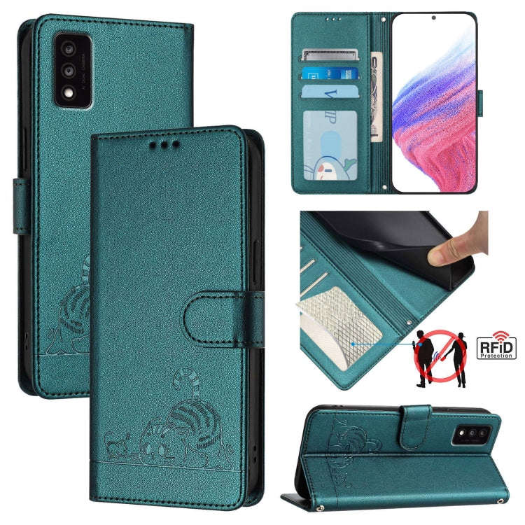 For TCL 30T T603DL Cat Rat Embossed Pattern RFID Leather Phone Case with Lanyard(Peacock Green)