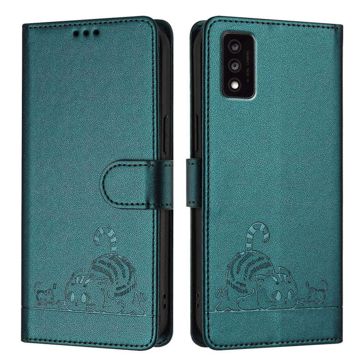 For TCL 30T T603DL Cat Rat Embossed Pattern RFID Leather Phone Case with Lanyard(Peacock Green)