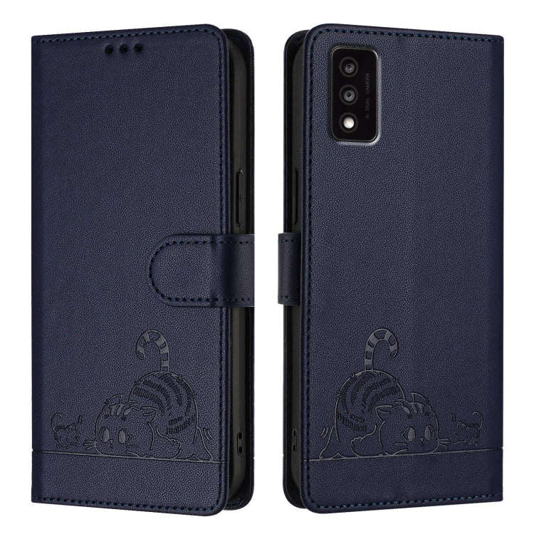 For TCL 30T T603DL Cat Rat Embossed Pattern RFID Leather Phone Case with Lanyard(Blue)