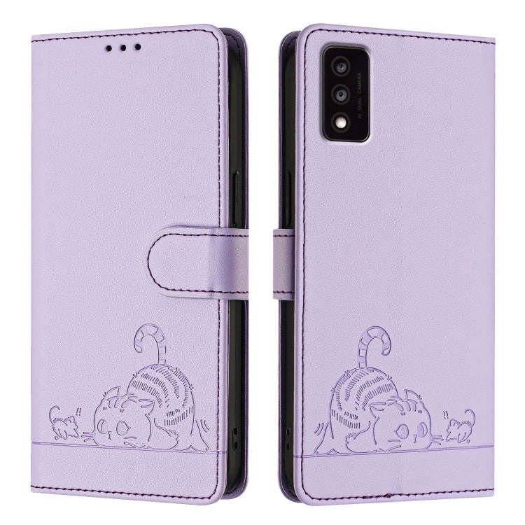 For TCL 30T T603DL Cat Rat Embossed Pattern RFID Leather Phone Case with Lanyard(Purple)