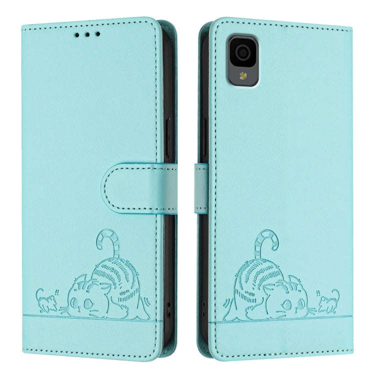 For TCL 30Z T602DL Cat Rat Embossed Pattern RFID Leather Phone Case with Lanyard(Mint Green)