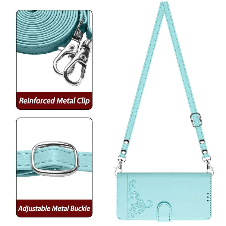 For TCL 30Z T602DL Cat Rat Embossed Pattern RFID Leather Phone Case with Lanyard(Mint Green)