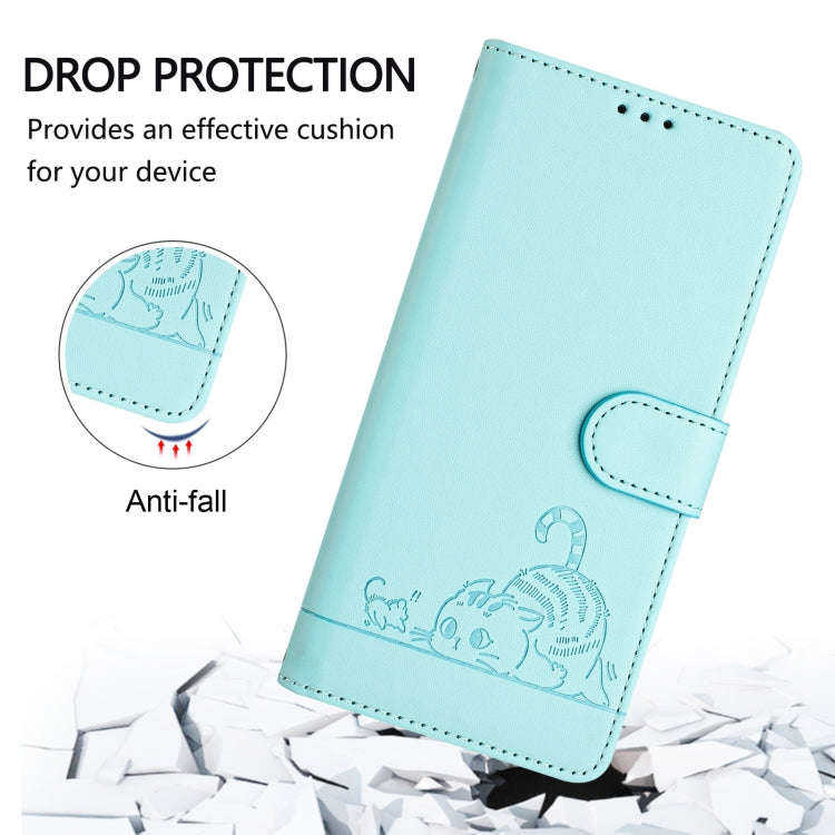 For TCL 30Z T602DL Cat Rat Embossed Pattern RFID Leather Phone Case with Lanyard(Mint Green)