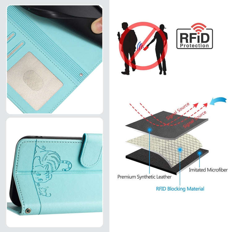 For TCL 30Z T602DL Cat Rat Embossed Pattern RFID Leather Phone Case with Lanyard(Mint Green)