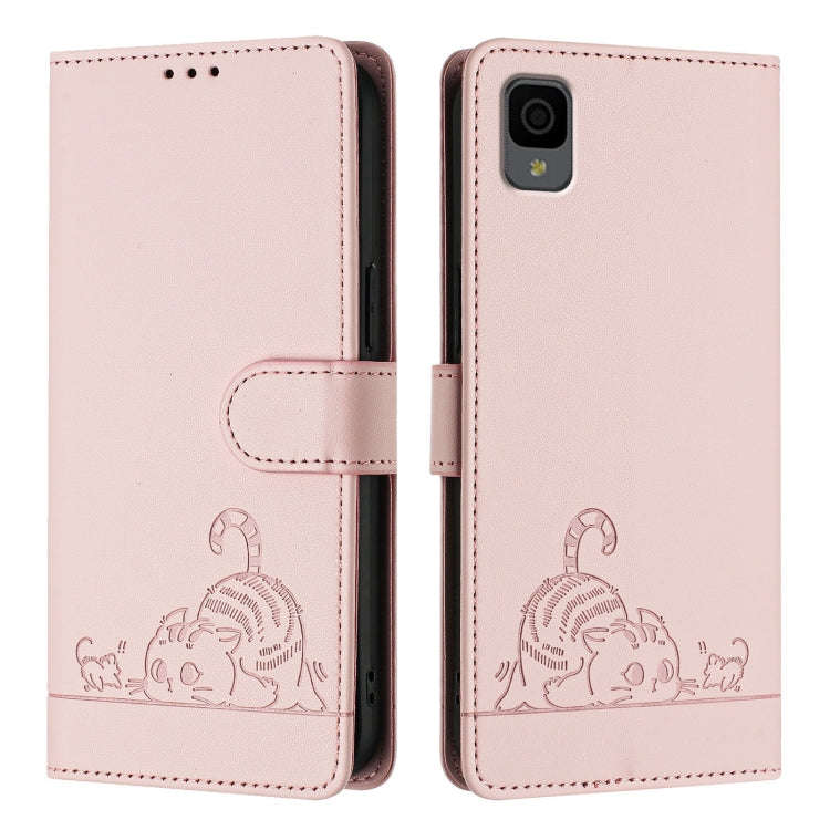 For TCL 30Z T602DL Cat Rat Embossed Pattern RFID Leather Phone Case with Lanyard(Pink)