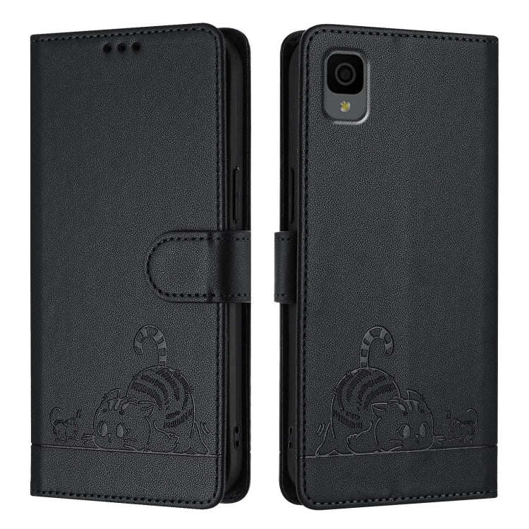 For TCL 30Z T602DL Cat Rat Embossed Pattern RFID Leather Phone Case with Lanyard(Black)