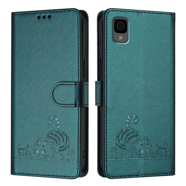 For TCL 30Z T602DL Cat Rat Embossed Pattern RFID Leather Phone Case with Lanyard(Peacock Green)