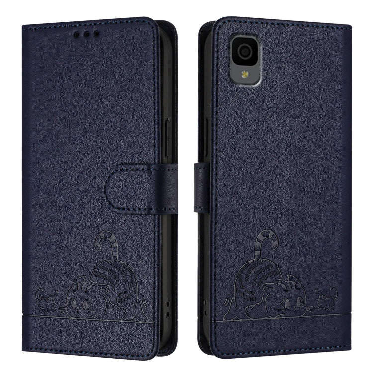 For TCL 30Z T602DL Cat Rat Embossed Pattern RFID Leather Phone Case with Lanyard(Blue)