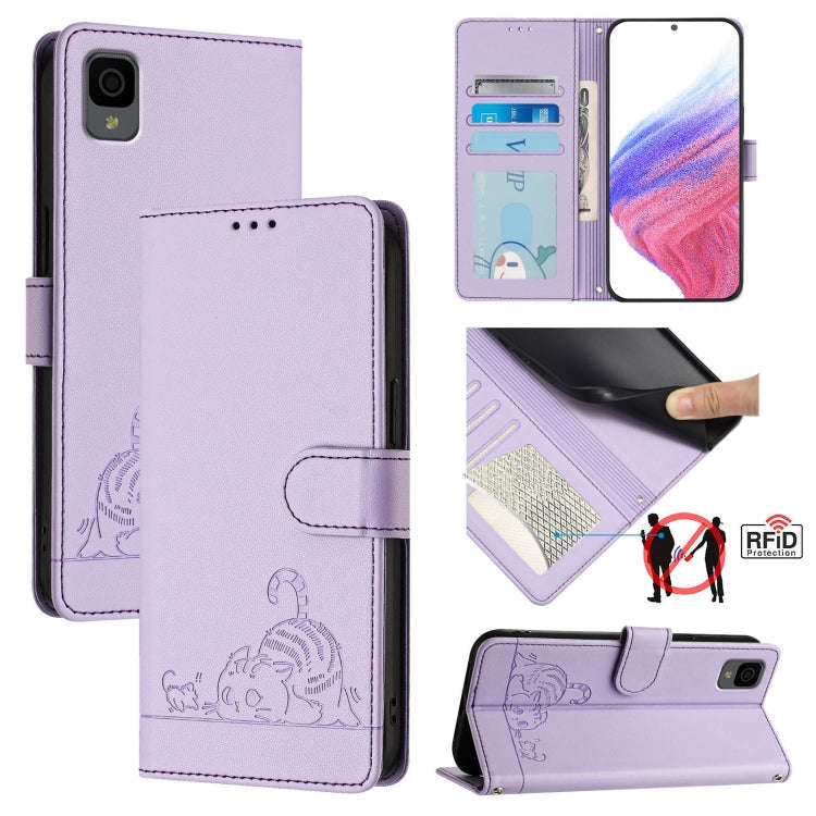 For TCL 30Z T602DL Cat Rat Embossed Pattern RFID Leather Phone Case with Lanyard(Purple)