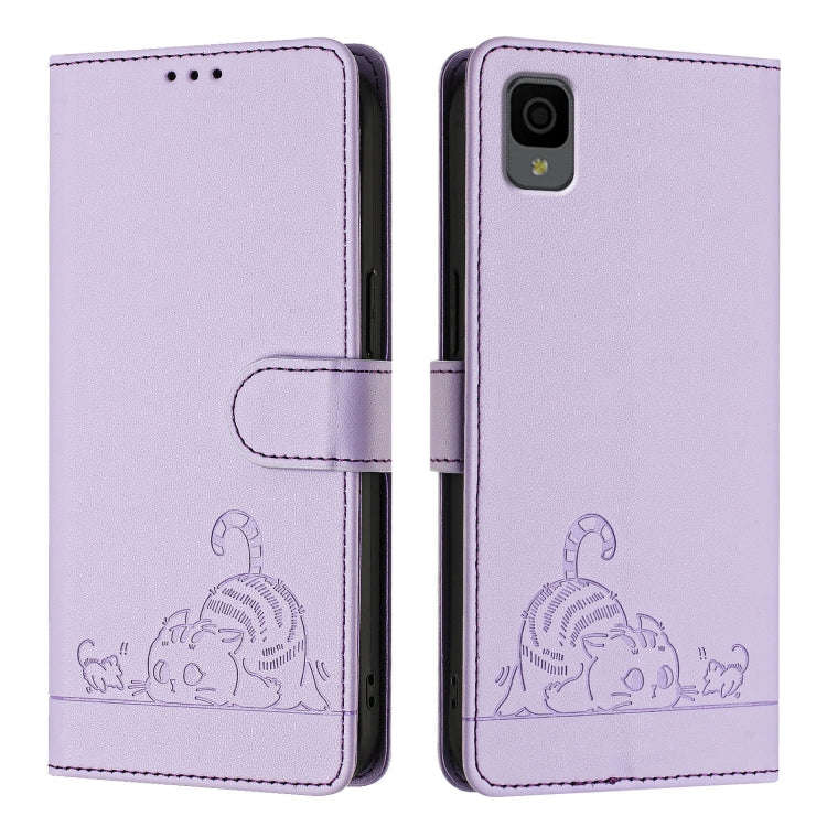 For TCL 30Z T602DL Cat Rat Embossed Pattern RFID Leather Phone Case with Lanyard(Purple)