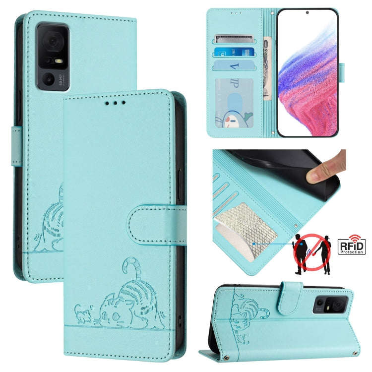 For TCL 40 XL / 40 T T608DL Cat Rat Embossed Pattern RFID Leather Phone Case with Lanyard(Mint Gr...