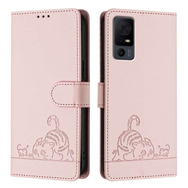For TCL 40 XL / 40 T T608DL Cat Rat Embossed Pattern RFID Leather Phone Case with Lanyard(Pink)