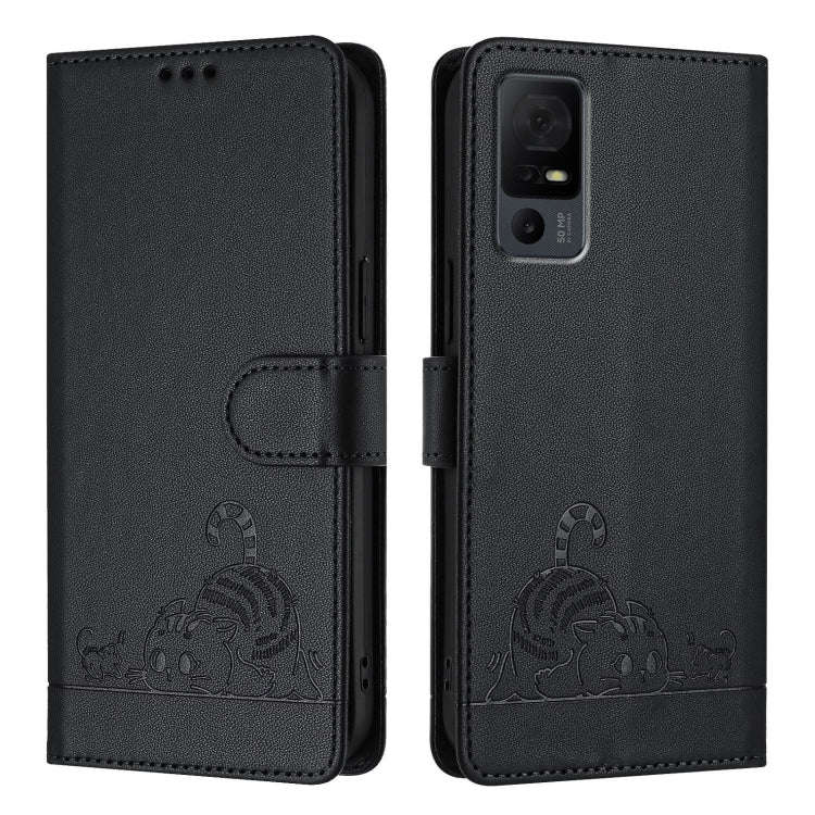 For TCL 40 XL / 40 T T608DL Cat Rat Embossed Pattern RFID Leather Phone Case with Lanyard(Black)