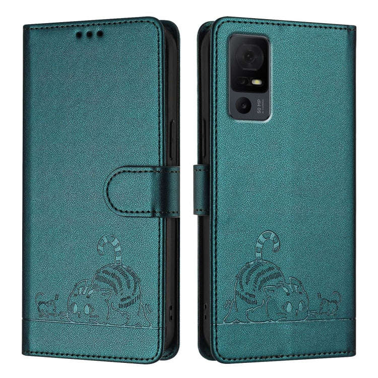 For TCL 40 XL / 40 T T608DL Cat Rat Embossed Pattern RFID Leather Phone Case with Lanyard(Peacock...