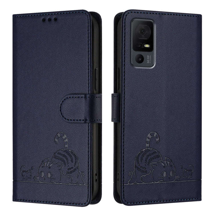 For TCL 40 XL / 40 T T608DL Cat Rat Embossed Pattern RFID Leather Phone Case with Lanyard(Blue)