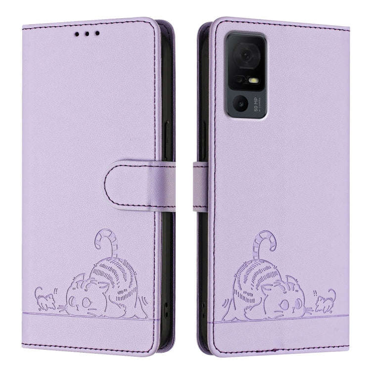 For TCL 40 XL / 40 T T608DL Cat Rat Embossed Pattern RFID Leather Phone Case with Lanyard(Purple)
