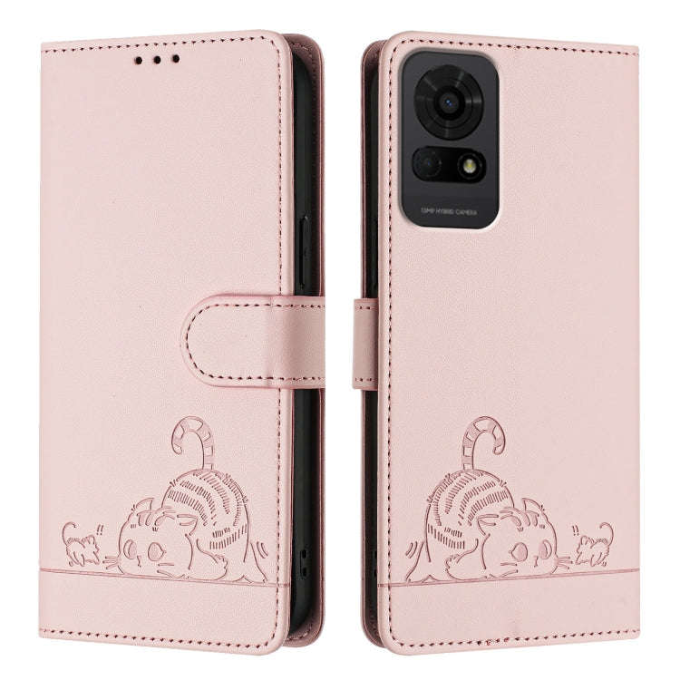 For TCL 50 LE 5G Cat Rat Embossed Pattern RFID Leather Phone Case with Lanyard(Pink)