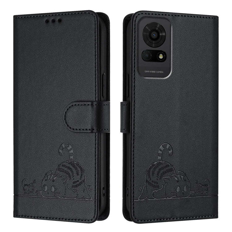 For TCL 50 LE 5G Cat Rat Embossed Pattern RFID Leather Phone Case with Lanyard(Black)