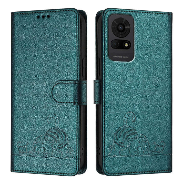 For TCL 50 LE 5G Cat Rat Embossed Pattern RFID Leather Phone Case with Lanyard(Peacock Green)