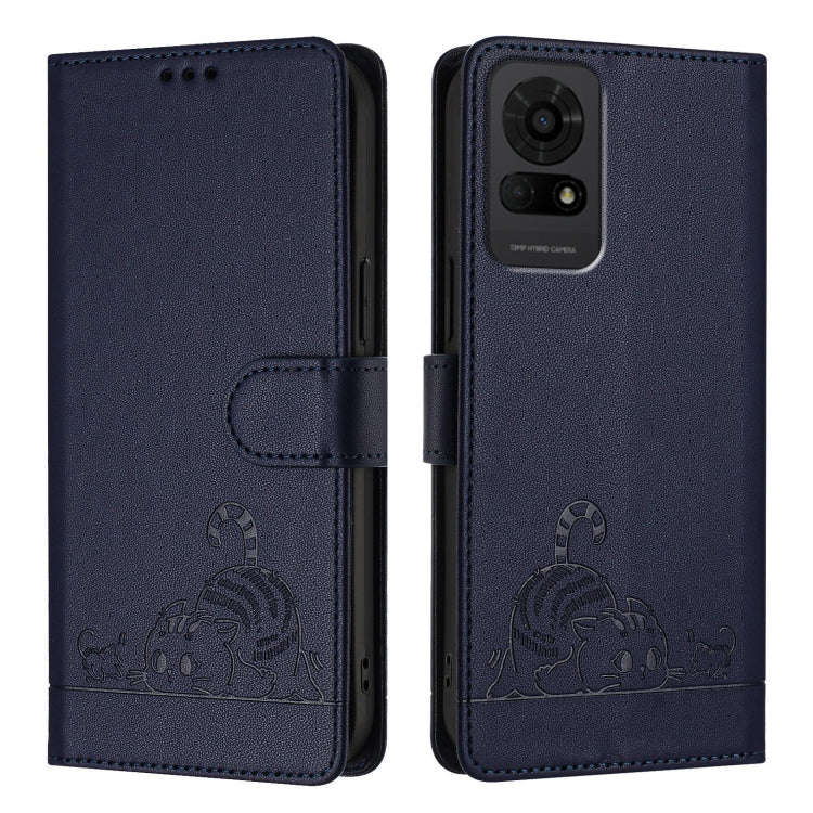 For TCL 50 LE 5G Cat Rat Embossed Pattern RFID Leather Phone Case with Lanyard(Blue)