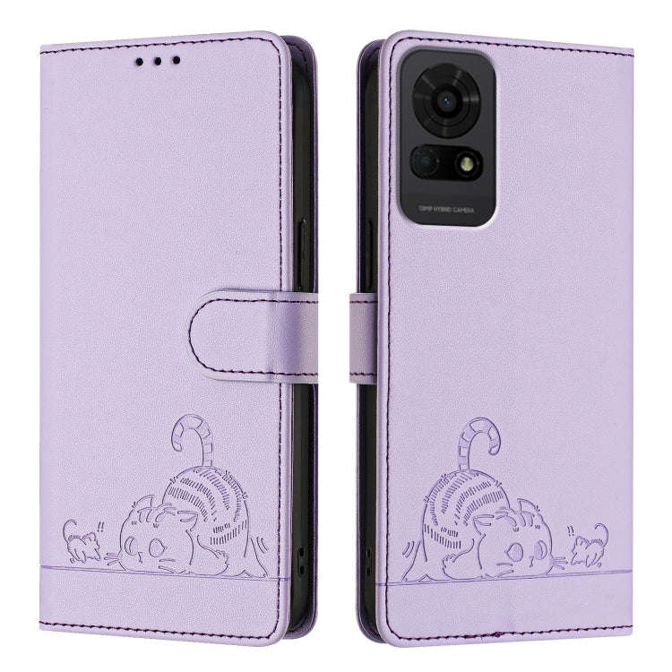 For TCL 50 LE 5G Cat Rat Embossed Pattern RFID Leather Phone Case with Lanyard(Purple)
