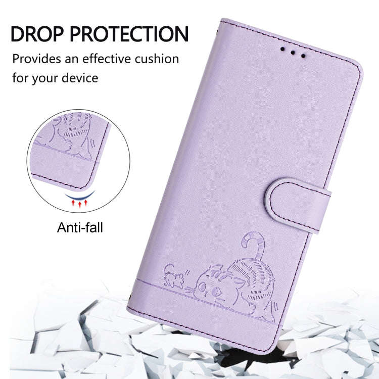For TCL 50 LE 5G Cat Rat Embossed Pattern RFID Leather Phone Case with Lanyard(Purple)