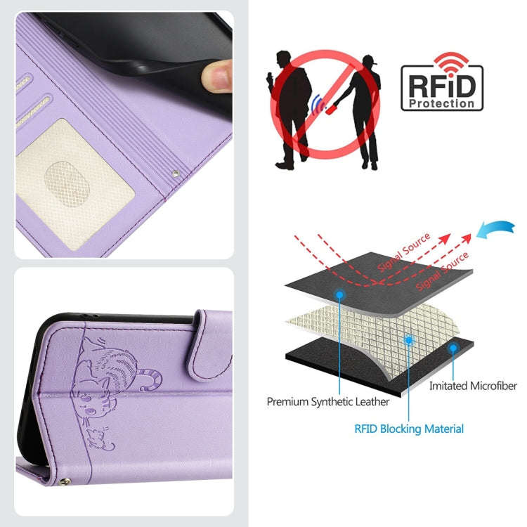 For TCL 50 LE 5G Cat Rat Embossed Pattern RFID Leather Phone Case with Lanyard(Purple)