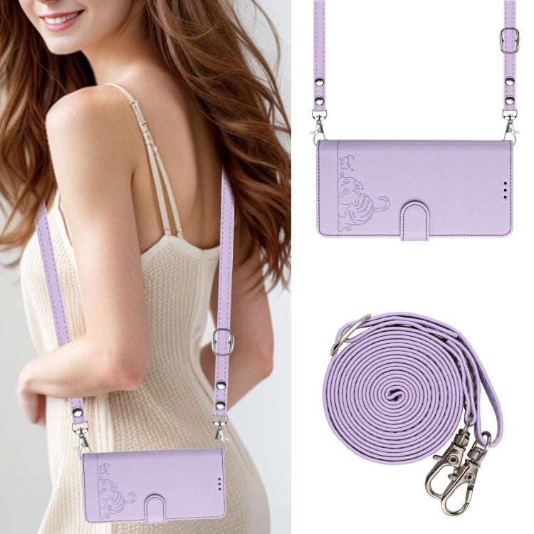 For TCL 50 LE 5G Cat Rat Embossed Pattern RFID Leather Phone Case with Lanyard(Purple)
