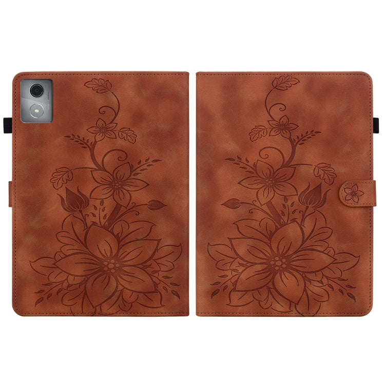 For Lenovo Tab K11 Plus Lily Embossed Leather Tablet Case(Brown)