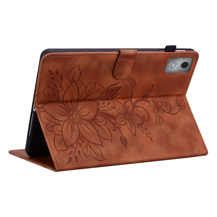 For Lenovo Tab K11 Plus Lily Embossed Leather Tablet Case(Brown)